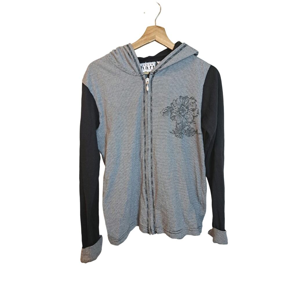 Keran Hart Cotton Blend Zip Up Hoodie Floral Beaded Black & White M